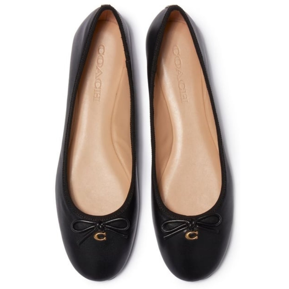 Coach Black Leather Ballet Flats with Gold Accent